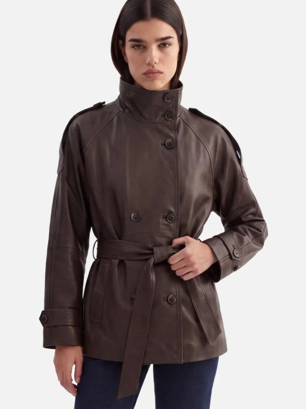 Bod & Christensen Lamb Leather Trench Jacket Funnel Denise Brown XL Luxe Soft